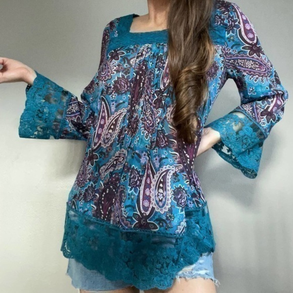 Sundance 100% Silk Paisley Crochet Trim Blouse